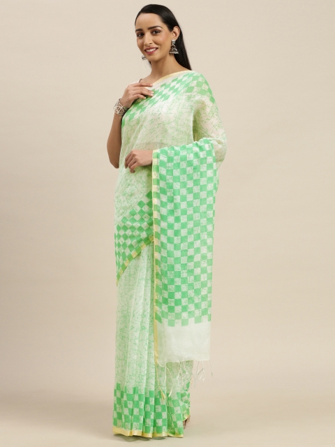 

Pavechas White & Green Polycotton Checked Mangalagiri Saree