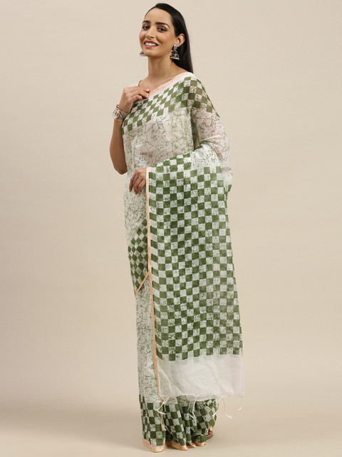 

Pavechas White & Green Polycotton Checked Mangalagiri Saree