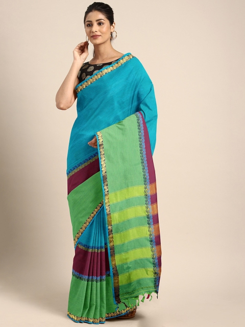 

Pavechas Blue & Green Pure Cotton Colourblocked Venkatgiri Saree