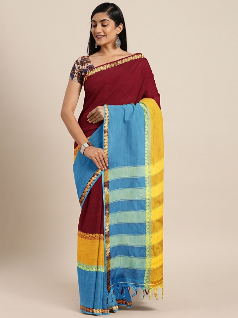 

Pavechas Maroon & Blue Pure Cotton Colourblocked Venkatgiri Saree