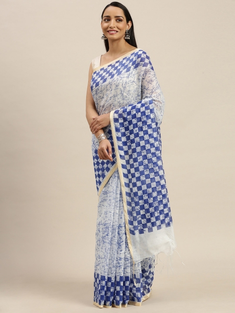 

Pavechas White & Blue Polycotton Checked Mangalagiri Saree