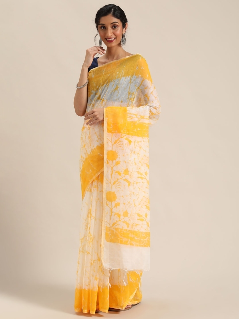 

KALINI White & Yellow Batik Printed Mangalagiri Saree
