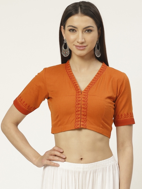 

Molcha Women Rust Orange Pure Cotton Hand Block Printed Back Saree Blouse