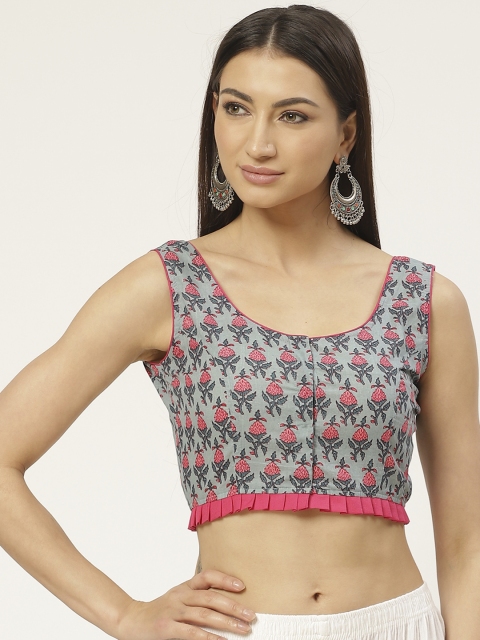

Molcha Women Grey & Pink Pure Cotton Sanganeri Print Saree Blouse
