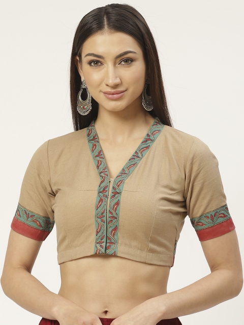 

Molcha Women Beige & Green Pure Cotton Hand Block Printed Back Saree Blouse