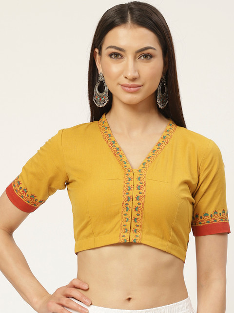 

Molcha Women Mustard Yellow & Green Pure Cotton Printed Back Saree Blouse