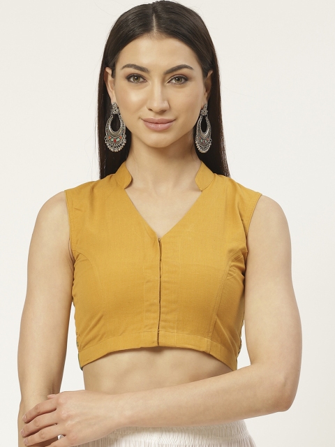 

Molcha Mustard Yellow & Green Pure Cotton Hand Block Printed Back Saree Blouse
