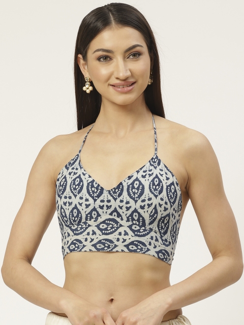 

Molcha Off-White & Navy Blue Pure Cotton Padded Printed Backless Saree Blouse