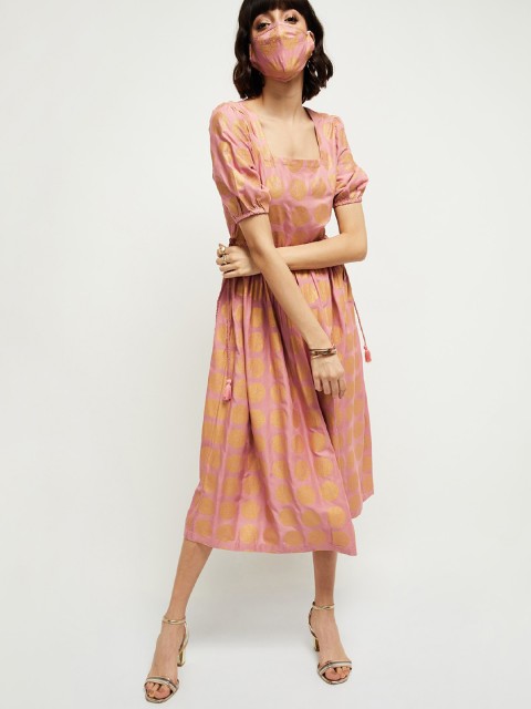 

max Women Pink & Golden Woven Design Empire Dress With Tie Ups