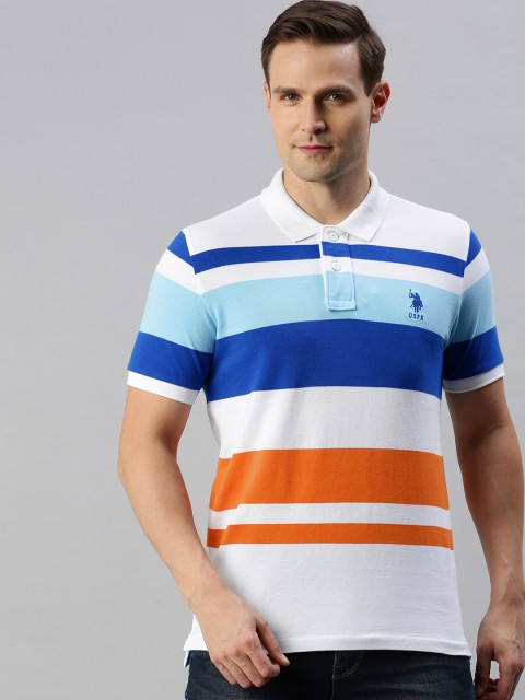 

U.S. Polo Assn. Men White & Blue Striped Polo Collar T-shirt