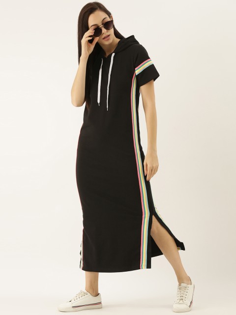 

Difference of Opinion Women Black Solid Hooded Side Taping Sheath Dress