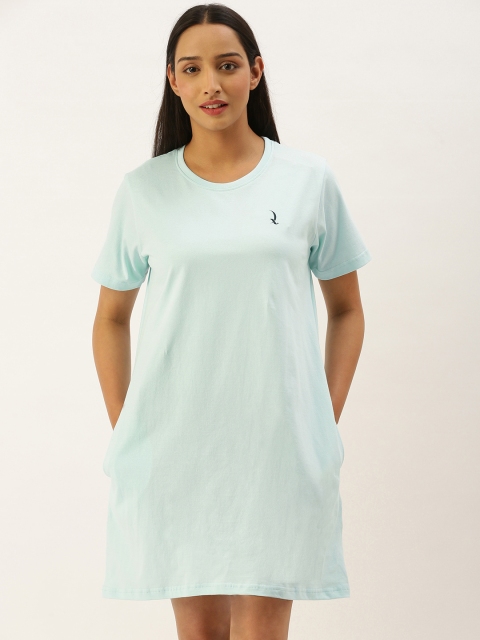 

QUARANTINE Blue Pure Cotton Solid T-shirt Nightdress