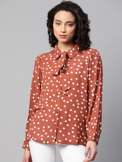 

plusS Women Dusty Pink & White Cotton Regular Fit Polka Dots Printed Casual Shirt