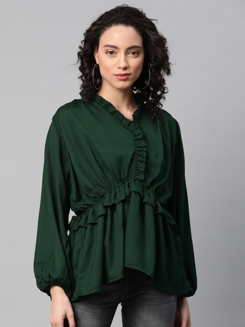 

plusS Green Puff Sleeves Ruffled A-Line Top