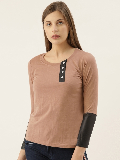

Campus Sutra Women Brown Solid Round Neck Pure Cotton T-shirt