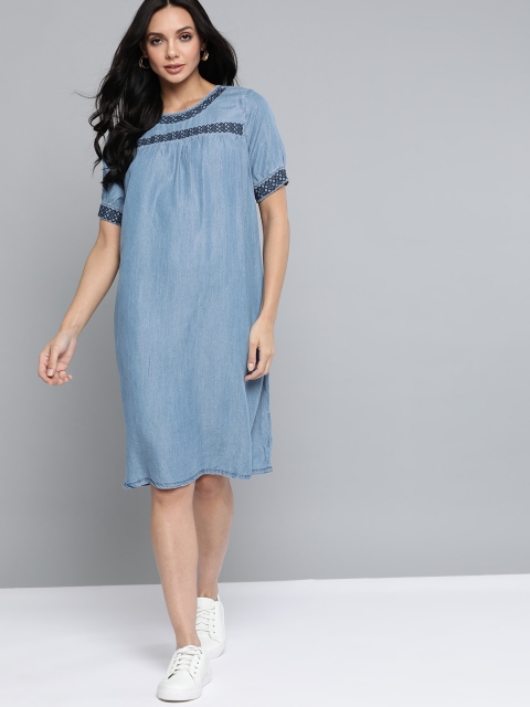 

Chemistry Blue Solid Gathered A-Line Dress with Embroidered Detail