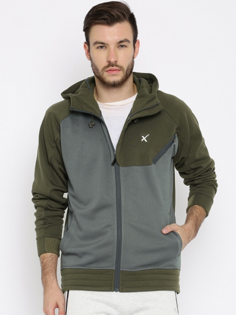 

HRX by Hrithik Roshan Olive Green & Grey Colourblocked Hooded Jacket