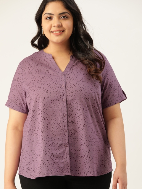 

Sztori Women Plus Size Purple Pure Cotton Printed Shirt Style Top