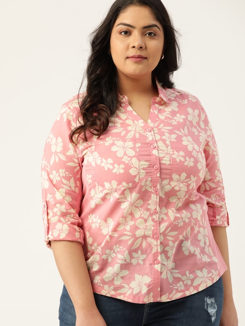 

Sztori Women Plus Size Pink & White Pure Cotton Floral Print Casual Shirt