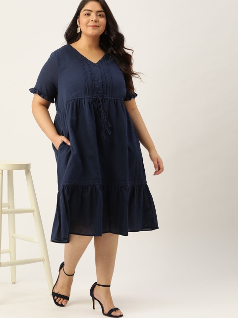 

Sztori Plus Size Navy Blue Pure Cotton A-Line Dress
