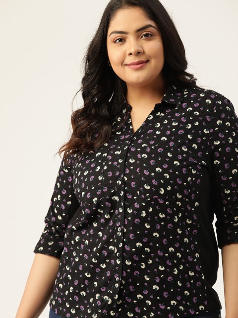 

Sztori Women Plus Size Black & Purple Pure Cotton Printed Casual Shirt