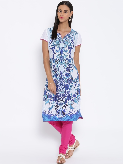 BIBA White & Blue Tropical Print Kurta available at myntra for Rs.479