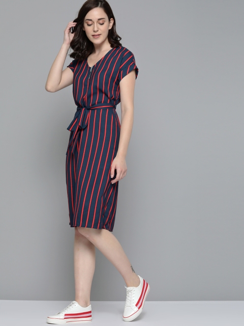 

Harvard Women Navy & Red Striped A-Line Dress with Belt, Navy blue