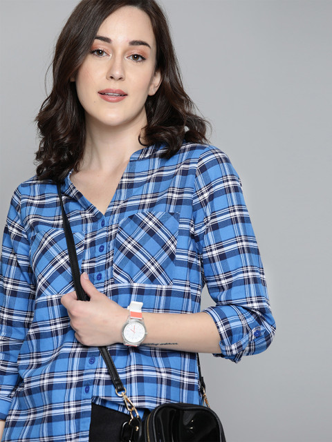 

Harvard Women Blue & White Pure Cotton Regular Fit Checked Casual Shirt