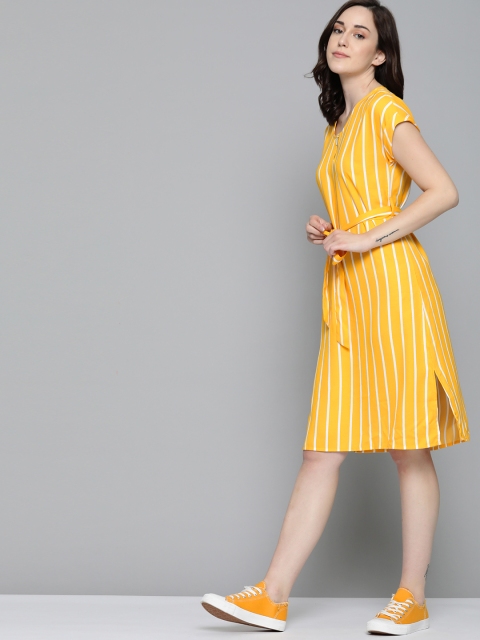

Harvard Women Mustard Yellow & White Striped A-Line Dress with Belt