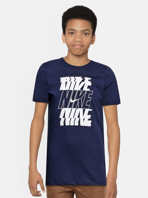 

Nike Unisex Kids Navy Blue Brand Logo Round Neck Pure Cotton T-shirt