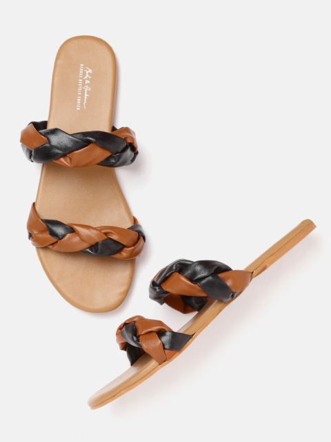 

Mast & Harbour Women Tan Brown & Black Braided Woven Design Open Toe Flats