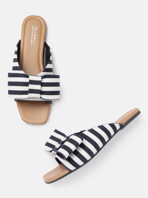 

Mast & Harbour Women Navy Blue & White Striped Mules with Bows