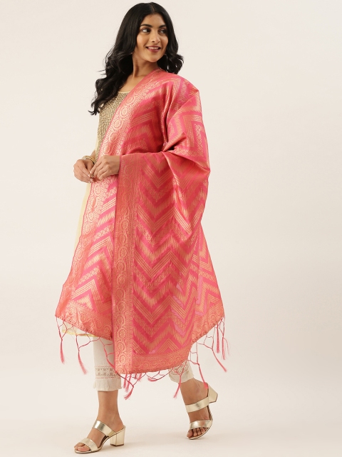 

LADUSAA Pink & Gold-Toned Woven Design Dupatta