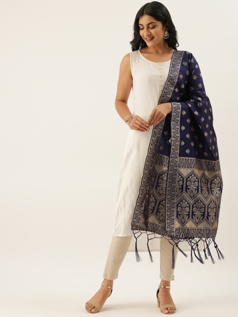 

LADUSAA Navy Blue & Gold-Toned Woven Design Dupatta