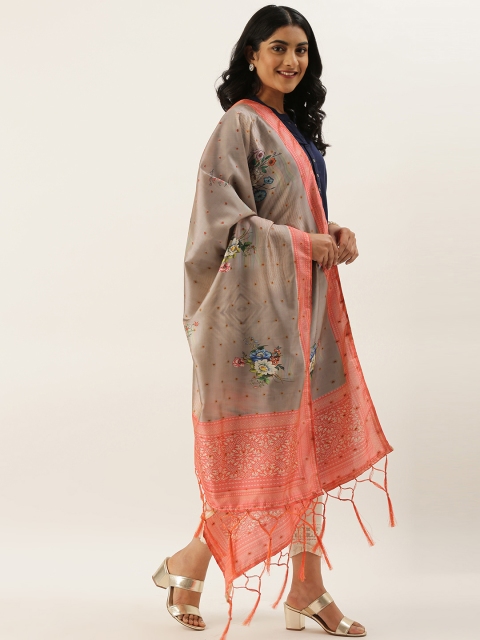 

LADUSAA Grey & Pink Floral Printed Dupatta