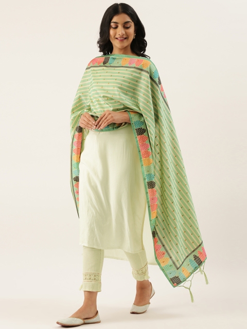 

LADUSAA Green & Off-White Striped Dupatta