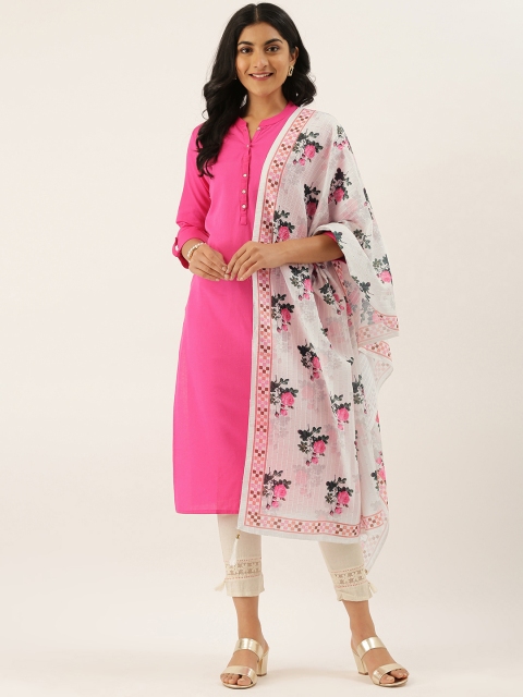 

LADUSAA White & Pink Floral Printed Dupatta