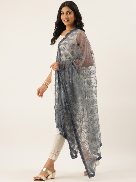 

LADUSAA Grey Embroidered Dupatta