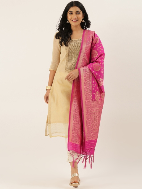 

LADUSAA Pink & Gold-Toned Woven Design Banarasi Dupatta