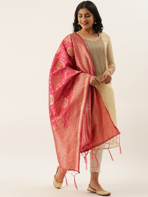 

LADUSAA Pink & Gold-Toned Woven Design Dupatta