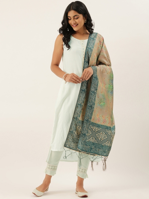 

LADUSAA Beige & Green Printed Dupatta