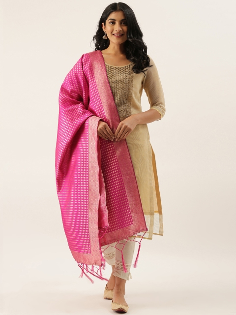 

LADUSAA Fuchsia Pink & Gold-Toned Woven Design Dupatta