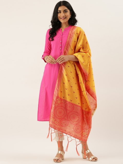 

LADUSAA Mustard Yellow & Red Floral Printed Dupatta