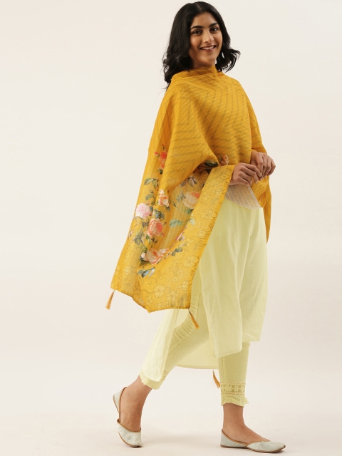 

LADUSAA Mustard & Beige Printed Dupatta