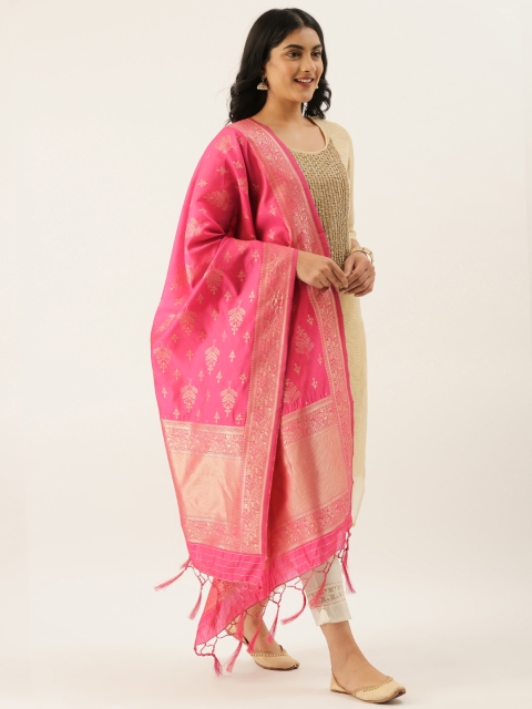 

LADUSAA Pink & Gold-Toned Woven Design Dupatta