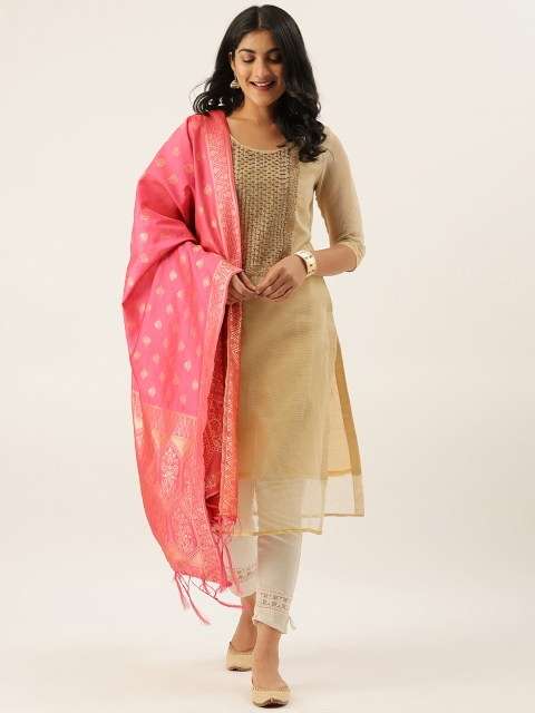 

LADUSAA Pink & Gold-Toned Woven Design Dupatta