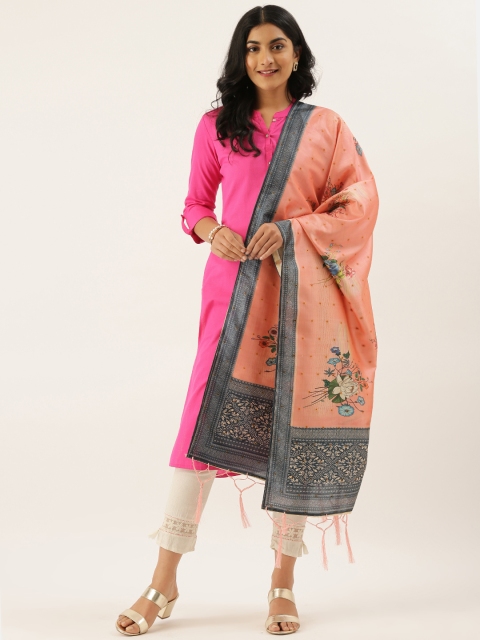 

LADUSAA Coral Pink & Charcoal Grey Floral Printed Dupatta