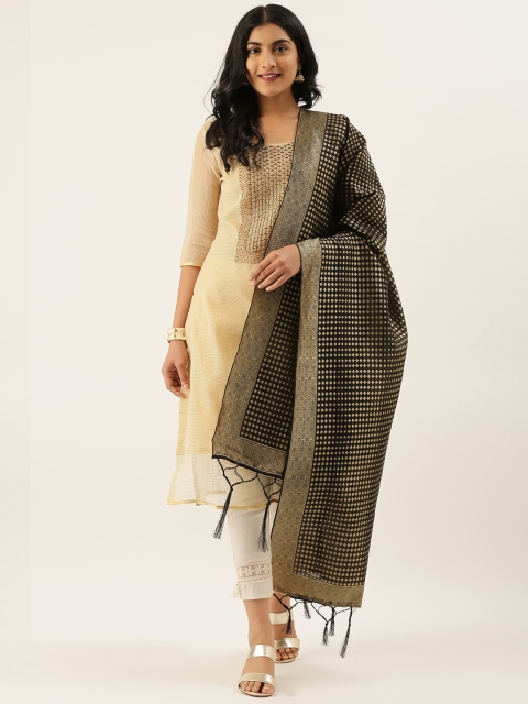 

LADUSAA Black & Gold-Toned Woven Design Banarasi Dupatta