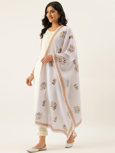 

LADUSAA White & Blue Printed Dupatta