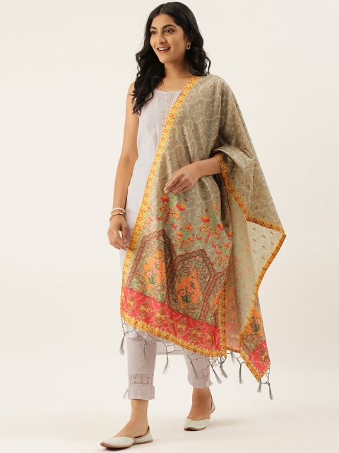 

LADUSAA Grey & Red Printed Dupatta